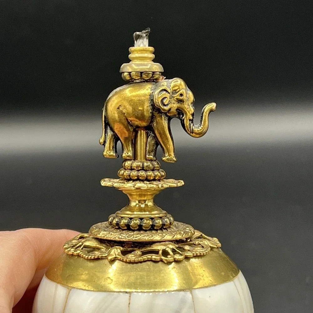 Ornate Brass Mother of Pearl Elephant Oil Lamp Glass Decorative Jeweled 4.5